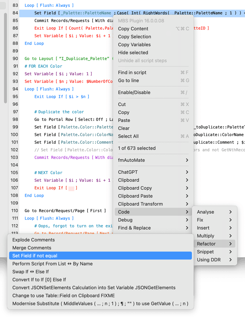 fmAutoMate Script Workspace Context Menu > Code > Refactor > Set Field if not Equal