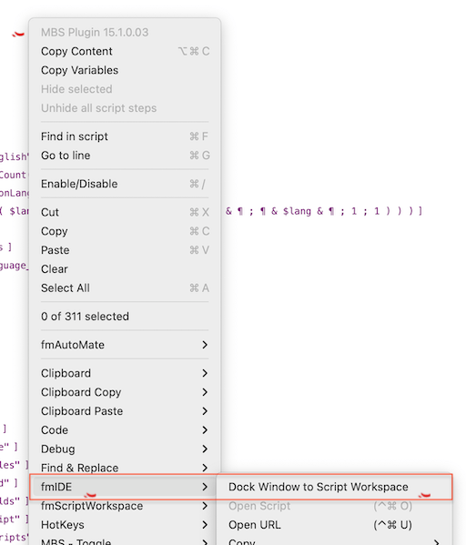 Right-click > fmIDE > Dock Window to Script Workspace