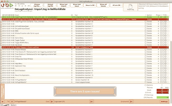 fmLogAnalyser Screenshot of the Log Analysis