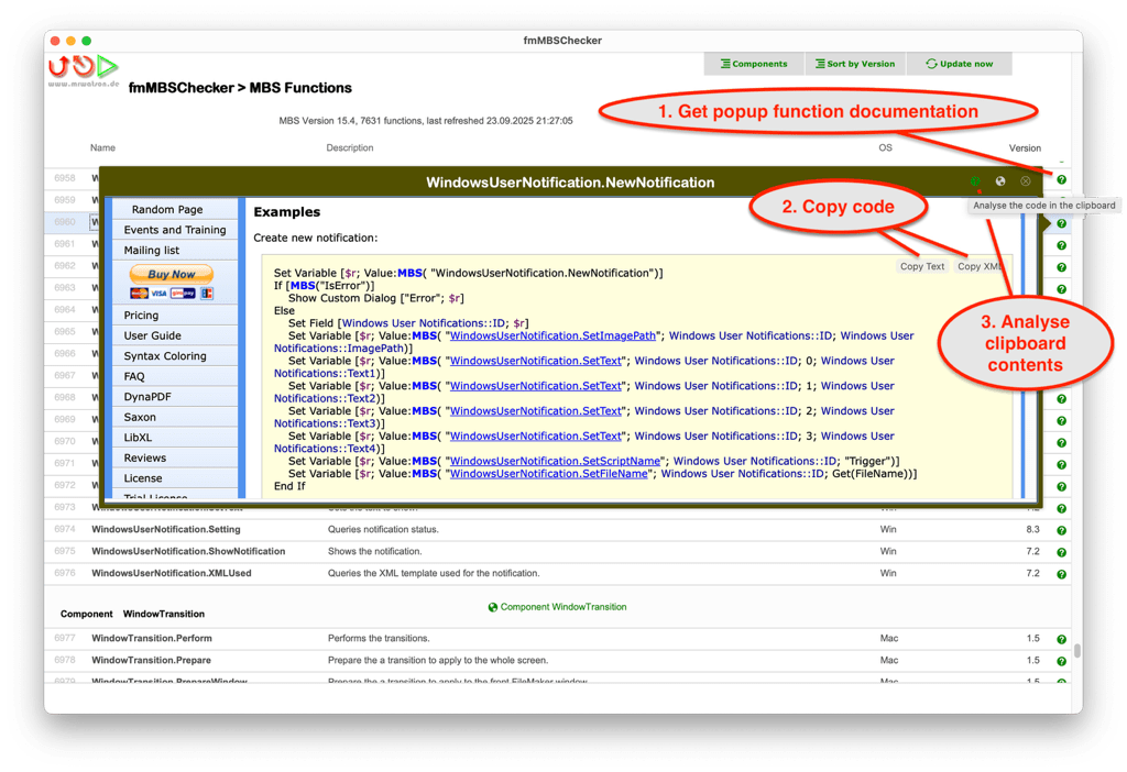 Check example code directly from popover MBS function documentation