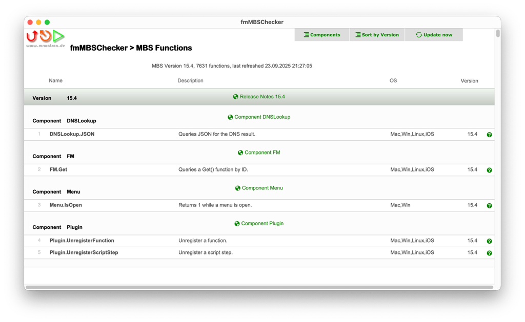 fmMBSChecker Screenshot of the MBS functions list