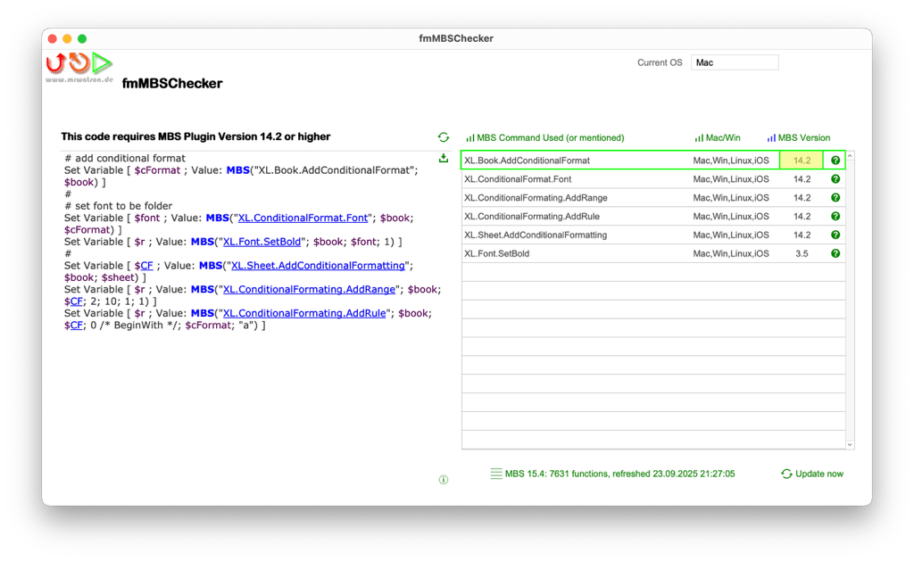 fmMBSChecker Screenshot of the MBS minimum Version analysis