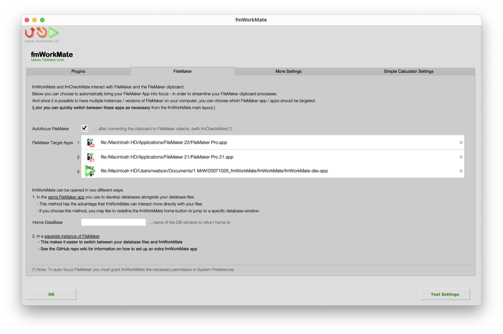 fmWorkMate Settings > FileMaker