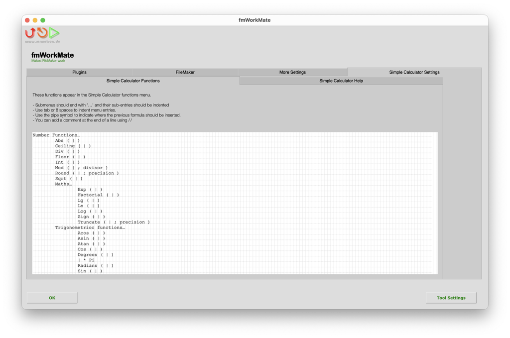 fmWorkMate Settings > fmSimpleCalculator > Functions