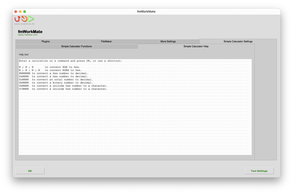 fmWorkMate Settings > fmSimpleCalculator > Help